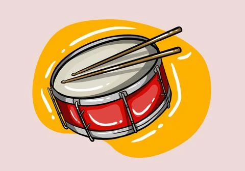 Hand Drawn Red drum and wooden drum sticks. Musical instrument. Cartoon Style Stock Illustration