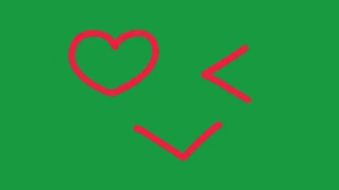 Hand Drawn Red Heart Eye Love and Winking Face Animation on Green Screen Stock Footage 335124656
