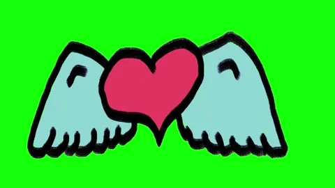 Hand-drawn red heart with wings doodle icon isolated on green screen background Stock Footage 337522270