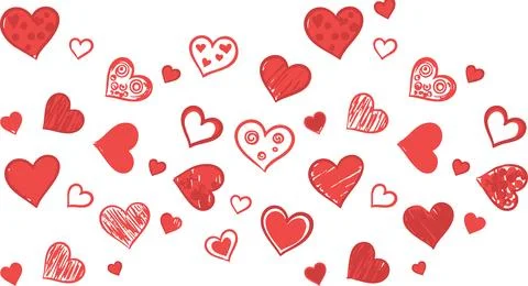 Hand drawn red hearts of various sizes are arranged on a white background cre Stock Illustration
