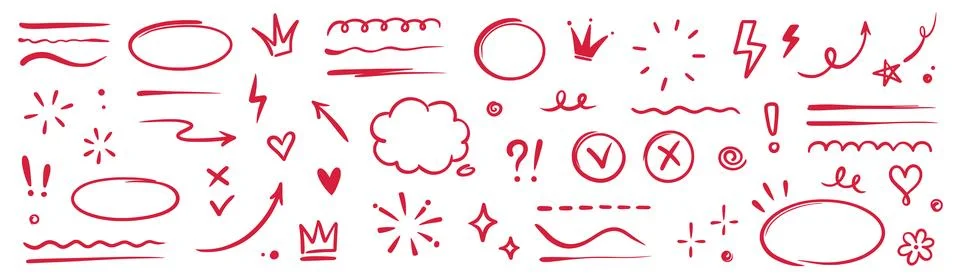 Hand drawn red highlight, text underline, emphasis mark, line shape set. Hand Stock Illustration