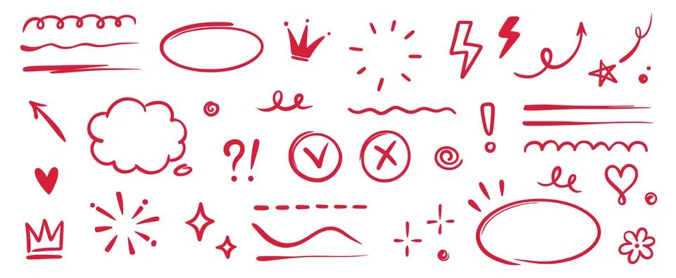 Hand drawn red highlight, text underline, emphasis mark, line shape set. Hand Stock Illustration