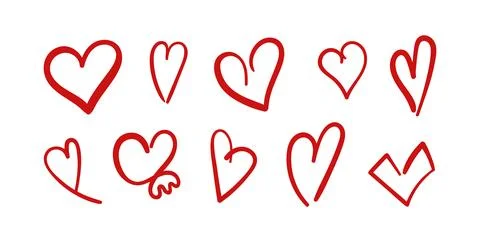 Hand drawn red line Hearts on Valentine Day or wedding. Doodle outline shap.. Stock Illustration