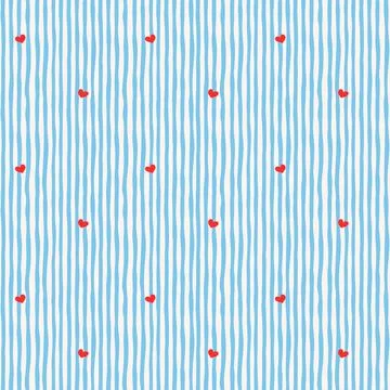 Hand drawn red mini hearts on baby blue vertical stripes whimsical seamless.. 스톡 일러스트