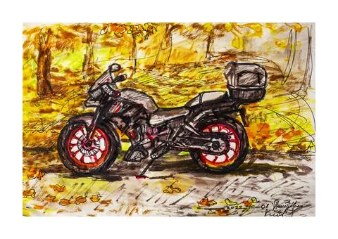 Hand-drawn red motorcycle on a background of yellow foliage, watercolor sketc Stock Illustration