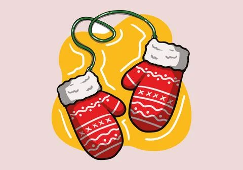 Hand drawn red pair of woolen knitted mittens with zigzag pattern. イラスト素材