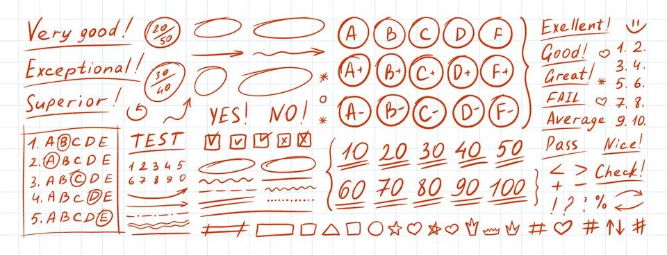 Hand drawn red pen marks showing exam grade with check marks, circles, and plus Stock Illustration