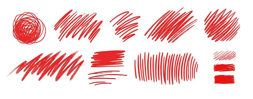 Hand drawn red pencil lines and strokes. Red hand-drawn scribbles and sketchy Stock Illustration