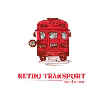 Hand drawn red retro bus isolated on white background Stock Illustration