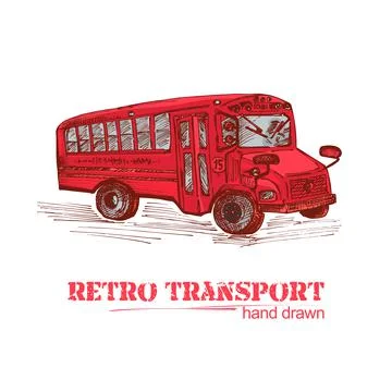 Hand drawn red retro bus isolated on white background Stock Illustration