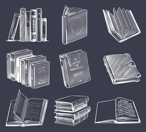 Hand drawn retro book set. Vintage sketch notebooks, stack on bookshelf, open Stock Illustration