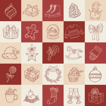 Hand drawn retro Christmas elements seamless pattern. Vintage Xmas ornament.. Illustrazione stock