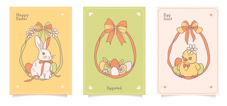 Hand drawn retro Easter cards set with bunny, eggs, ribbon frames, and bows in Stock Illustration