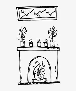 Hand drawn retro fireplace. Vector illustration. Isolated on white background Stock Illustration