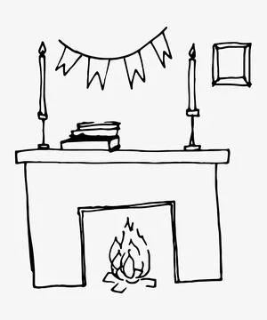 Hand drawn retro fireplace. Vector illustration. Illustrazione stock