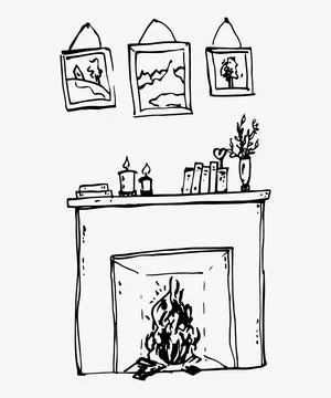 Hand drawn retro fireplace. Vector illustration. Stock Illustration
