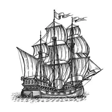 Hand drawn retro sailing ship in sea sketch. Hand drawn vector illustration in Stock Illustration