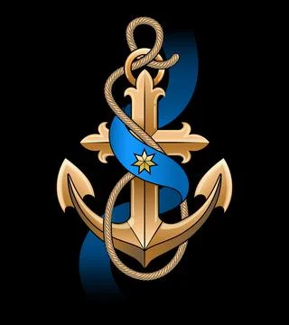 Hand Drawn Retro Ship Anchor with Ropes and Blue Ribbon Stock Illustration