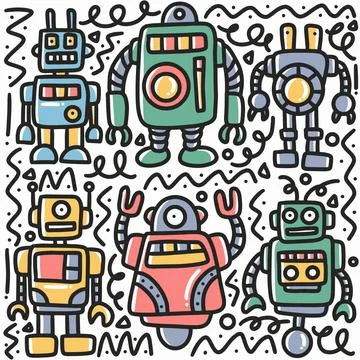 Hand drawn robot doodle set Stock Illustration