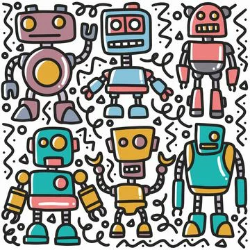 Hand drawn robot doodle set Stock Illustration