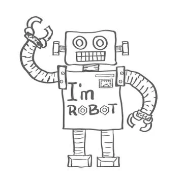 Hand Drawn Robot isolated on white background. Vector Stock Illustration