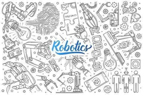Hand drawn robotics set doodle vector background Stock Illustration