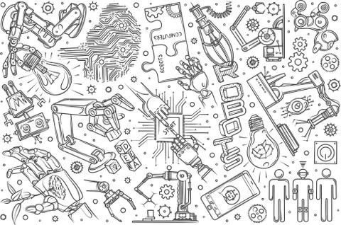 Hand drawn robotics set doodle vector background Stock Illustration