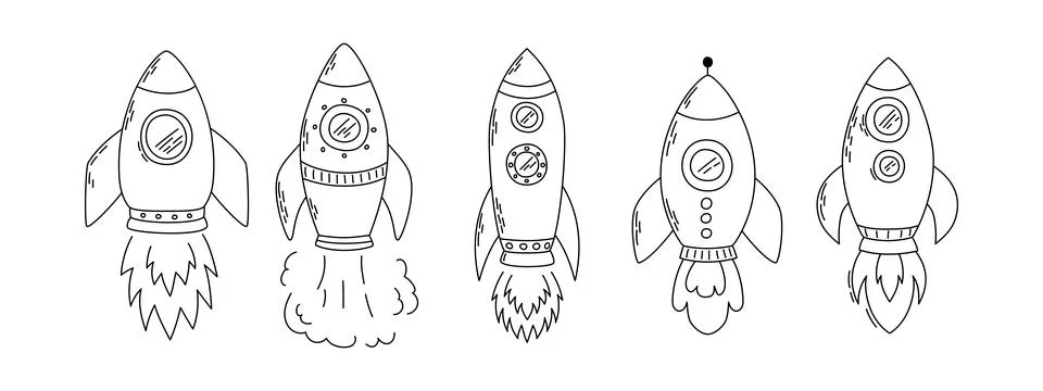 Hand drawn rocket ship doodle icon on white background Stock Illustration
