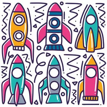 Hand drawn rockets doodle set Stock Illustration