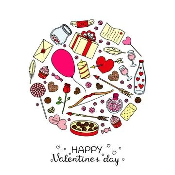 Hand drawn romantic items in circle. Illustrazione stock