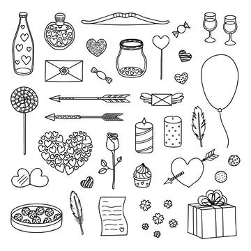 Hand drawn romantic items set. Stock Illustration