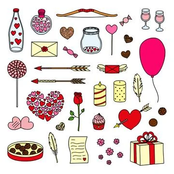 Hand drawn romantic items set. Stock Illustration