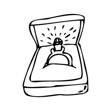 Hand drawn romantic ring with diamond in box - outline sketch Stock Illustration
