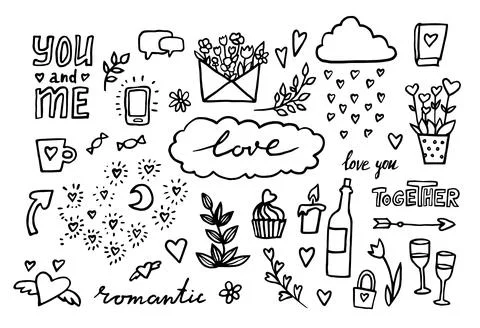 Hand drawn romantic set of design elements. Vector illustration. doodle Weddi 스톡 일러스트