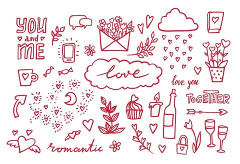 Hand drawn romantic set of design elements. Vector illustration. doodle Weddi イラスト素材