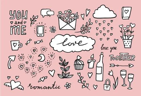 Hand drawn romantic set of design elements. Vector illustration. doodle Weddi Stock Illustration