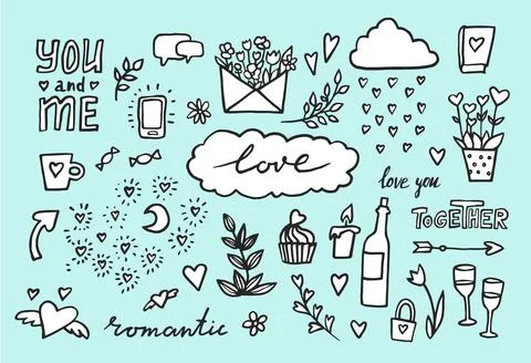 Hand drawn romantic set of design elements. Vector illustration. doodle Weddi イラスト素材