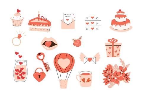 Hand drawn romantic set of love items letter, key, cake, gift Stock Illustration
