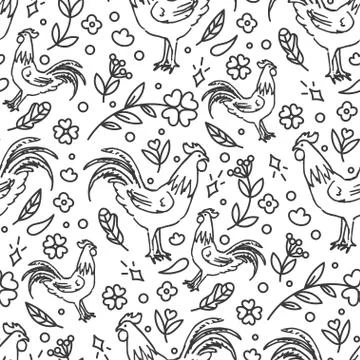 Hand Drawn Rooster Seamless Pattern Stock Illustration