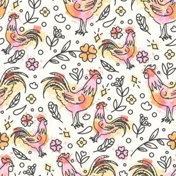 Hand Drawn Rooster Seamless Pattern. Chinese New Year Stock Illustration