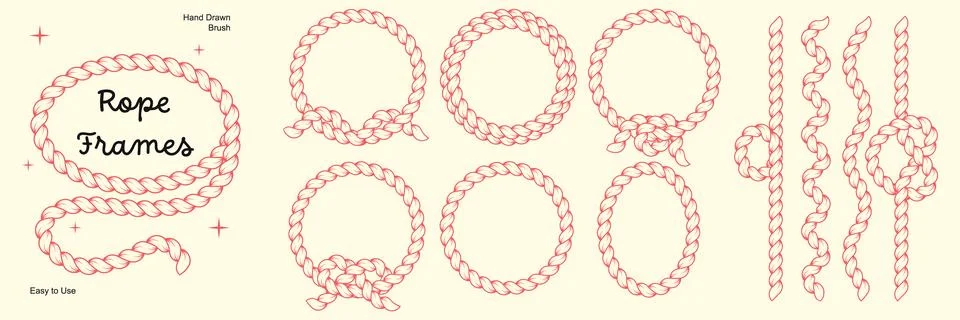 Hand drawn rope brush frames set. Braided circle cord borders and decorativ.. Illustrazione stock