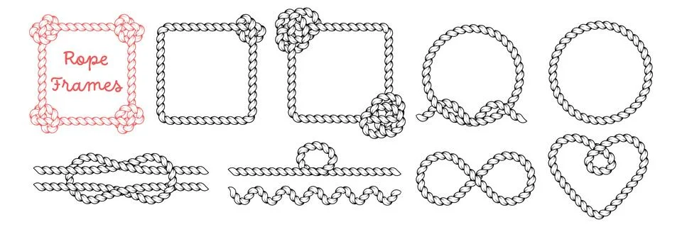Hand drawn rope brush frames and dividers. Braided cord borders in square a.. Stock Illustration