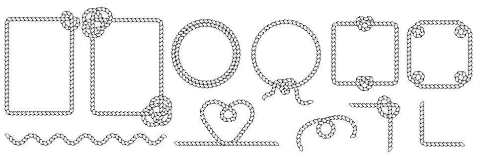 Hand drawn rope brush frames and dividers. Braided cord borders in rectangl.. Stock Illustration