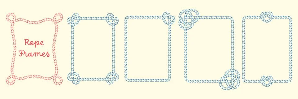 Hand drawn rope frames. Twisted cord rectangle borders with different knot .. 库存插图