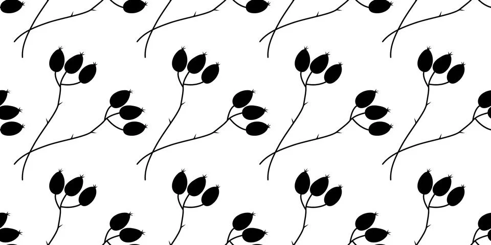 Hand Drawn Rose Hip Twigs Silhouette Seamless Pattern Autumn Background Stock Illustration