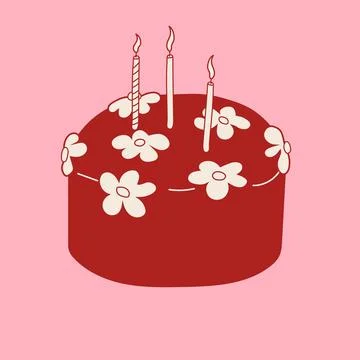 Hand drawn round cake with glazed top, candles and flowers decorations on a.. Stock Illustration