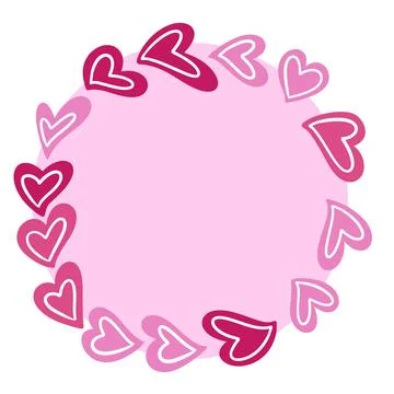 Hand drawn round circle pink frame shape with red hearts. St valentine day love Stock Illustration