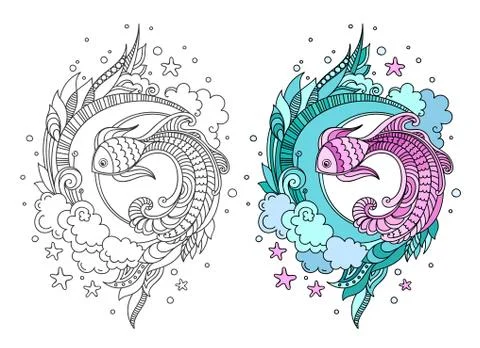 Hand drawn round composition of fish among seaweed. Stock Illustration