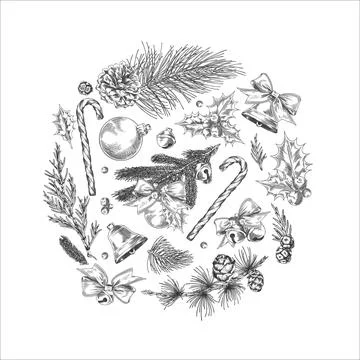 Hand-drawn round frame with Christmas elements, pine branches, holly, bells, and 스톡 일러스트