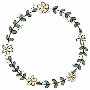 Hand-drawn round frame. Circle made of flowers and leaves. Stock Illustration